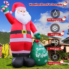 12FT Giant Christmas Inflatable Santa Claus with Candy Cane and Gift Bag Yard Decors, Easy Installation and Storage, Built-in Bright LED Lights for Xmas Outdoor Garden Lawn Holiday Party Decoration