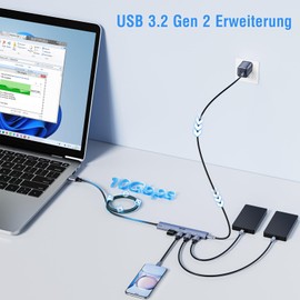 ICZI USB Hub 10Gbps 4 Port Multiple Plug USB 3.2 Gen 2 Dock Splitter Power Supply with 120 cm Long Cables for Mac Mini, iMac, Laptop, Desktop, Computer