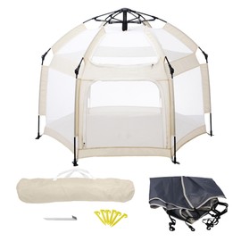 Baby Playpen, Portable Baby Playpen with UPF50+ Canopy, 1-Second Setup, Foldable Play Yard for Indoor/Outdoor Use, Kids Tent for Beach Camping Travel - Includes Travel Bag & Safety Stakes(Beige)