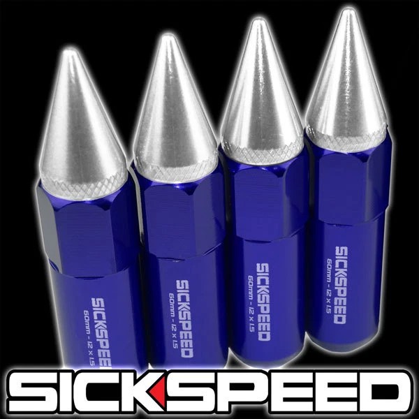 SICKSPEED 4 PC BLUE/POLISHED SPIKED ALUMINUM 60MM LUG NUTS FOR