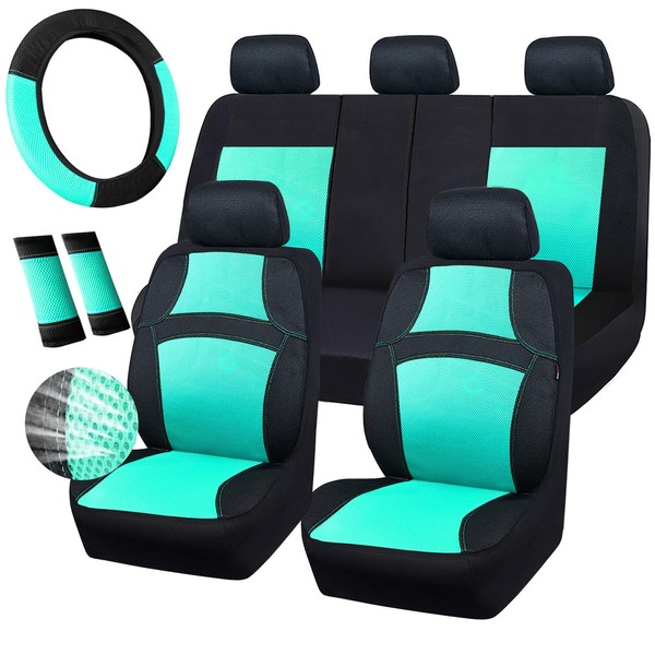 CAR PASS Universal 13PCS 3D Air Mesh-100% Breathable Seat Covers Full Sets#Steering Wheel&Belt Cover #Airbag and Rear Split Bench Compatible#for 90% Automotive SUV Truck Cute Women Black Mint