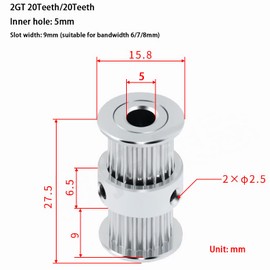 GT2 Double Head Pulley, 20 T, 9mm Width, 5mm Bore, Aluminum Alloy Timing Belt Pulley Wheel, for Width 6mm/7mm/8mm Synchronous Belt, for 3D Printer, CNC Machines