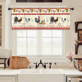 Miyotaa Rustic Rooster Vintage Kitchen Curtain Valance 54W x 18H Rod Pocket Retro Chicken Red Plaid Country Farm Raural Window Treatment for Living Room Bedroom Bathroom