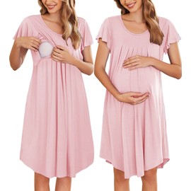 Ekouaer Nursing Nightown Labor and Delivery Gown for Hospital Pleated Breastfeeding Dress for Women Short Sleeve Maternity Sleepwear Pink S