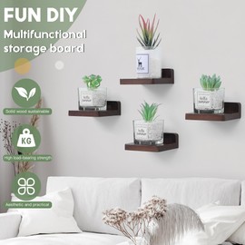 PHOENANCEE Small Floating Shelves for Wall, Set of 8, Wooden Square Shelf for Small Objects, Hanging Mini Shelf Decoration for Bedroom, Living Room,10.2cmX10.2X4cm(Dark Walnut)