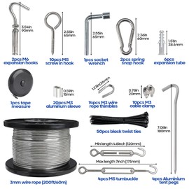 TooTaci 1/8" Wire Rope Kit, 200ft Vinyl Coated Steel Cable Wire with M5 Turnbuckles for Cables Wire, 7x7 Strand Steel Cable, Tension Wire Kit for String Light Hanging Kit, Clothesline, Curtain Wire