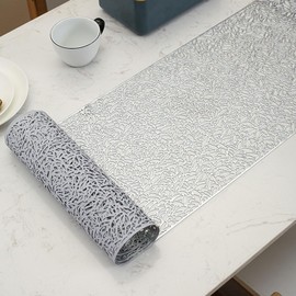 Hosoncovy Hollow Table Runner Non-slip Decorative PVC Table Mats Placemat Heat Resistant Mats for Home Party Kitchen Dining Wedding Decor (150CM X 30CM) (Silver)