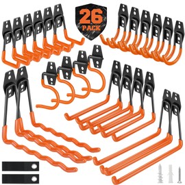 Nacial 26 Pack Garage Hooks Heavy Duty, Utility Steel Garage Storage Hooks with 2 Extension Cord Storage Straps, Utility Garage Wall Mount Hooks for Hanging Bike, Ladder and Garden Tools, Orange