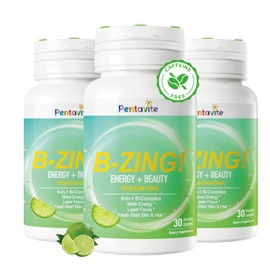 Pentavite B-Zing Daily Energy Supplements, Fizzy Lime Chew, Vitamin B Complex (8 B Vitamins) with Taurine, Energy Support, Laser Focus and Fresh-Start Skin & Hair, Supplements for Women & Men, 3 Pack