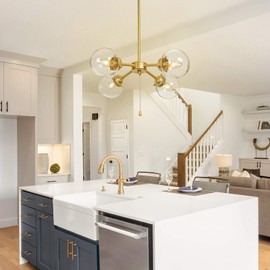 KSANA Gold Chandelier with Pull Chain On/Off Switch, 2 in 1 Sputnik Chandeliers and Semi Flush Mount Ceiling Light for Dining Room, D19.7"x H11.5"