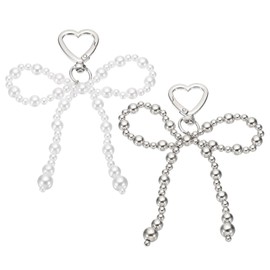 PATIKIL Pearl Bow Keychain, 2 Pcs Keychain Accessories with Heart Buckle Heart Pendant Keyring Clip Charm for Women Bags Backpack Phone Decoration, Silver/White