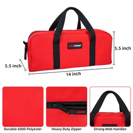 MELOTOUGH Utility Rudded Tool Bag Small Canvas Tool Bag with Zipper Combo Kit-Includes 2 Medium Tool Organizer Bags for Electrician, Plumbing, Gardening, HVAC & More (14 inch,Red&Black)