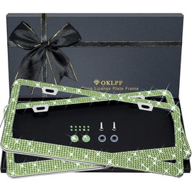OKLPF Bling License Plate Frame for Women, 2PCS Sparkly License Plate Frames| Over 1200 pcs14 Facets Bedazzled Clear Glass Diamond Rhinestone Crystals w/Free Glitter Diamond Box (Olive Green)