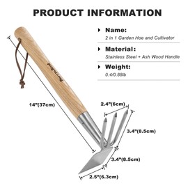 Berry&Bird 2-in-1 Hand Tools Hoe and Cultivator, Stainless Steel Garden Hand Tiller and Pickaxes with Wooden Handle, 14''/37cm Weeding Hoe for Digging, Loosening Soil, Cultivating, Planting