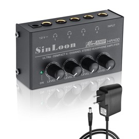 SinLoon HA400 4-Channel Stereo Headphone Amplifier, Metal Mini Audio Splitter with Independent Volume Control, 1/4" TRS Output & Input, with 12V Adapter for Studio, Stage, PC, Guitar