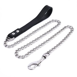 YOTHIWAD Metal Dog Lead, Strong Heavy Duty Chew Resistant Dog Lead, Durable Stainless Steel, Comfortable Genuine Leather Handle, Walking Training Lead for Medium Large Dogs (180 cm)