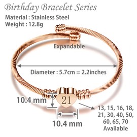 LSxAB Rose Gold Plated Heart 15th Birthday Cuff Bracelets for Women Expandable Stainless Steel Jewelry Gift