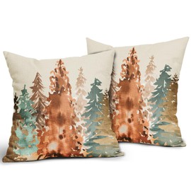 Fall Pillow Covers 18x18 Set of 2 Rustic Style Watercolor Tree Brown Blue Orange Autumn Color Nature Themed Forest Print Decorative Throw Pillows Outdoor Linen Cushion Case Decor for Sofa Couch Bed