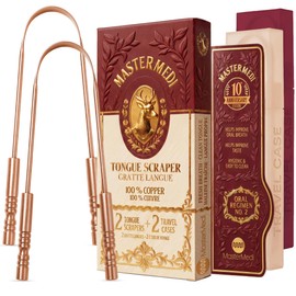MasterMedi Tongue Scraper with Case Easy to Use Tongue Scraper for Adults, Tongue Cleaner for Oral Care & Hygiene Copper Set of 2 (with Travel Case)