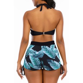 Trajes de baño de cintura alta para mujer con pantalones cortos de niño, bikini brasileño de dos piezas con diseño de rayas, Verde (Green leaves), XXL