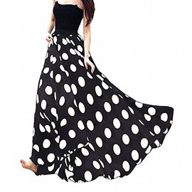 Afibi Women Chiffon Mopping Floor Length Big Hem Solid Beach High-Waist Maxi Skirt (XXX-Large, Black Dot)