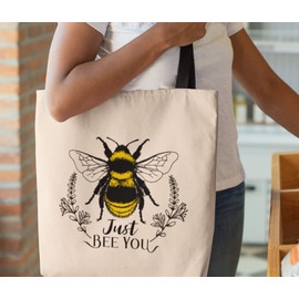 SmartyPants Just Bee You Tote Bag - Women Gifts Shopping Organic Cotton Fabric Carrier Reusable Shopper Happy Quote Slogan Handbag Bees Accessories Present Bumblebee Pretty (One Size, Black Handle)