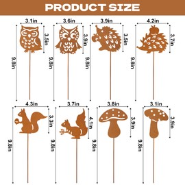8 Rust Garden Stakes for Autumn Decoration Outdoors, Rust Look Garden Decoration with Hedgehog Owl Mushrooms on Both Sides Rust Stakes Metal for Indoor Flower Pot Patio Gift
