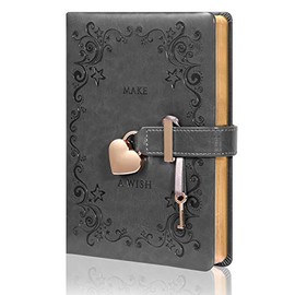Heart Shaped Lock Diary with Key for Girls PU Leather Cover Journal Personal Organizers Secret Notebook for Women, B6 Size 5.3x7 inch,Make a Wish,Gray
