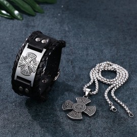 Aroncent 2Pcs Mens Viking Necklace Bracelet Jewelry Set, Black Wide Leather Bracelets Odin Celtic Knot Cross Pendant Necklace Stainless Steel for Men