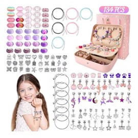Nasjac Kit para Hacer Pulseras Niñas, 134 Piezas Cuentas para Hacer Pulseras, Kit de Joyería con Caja de Regalo, Artesanía DIY para Fabricación Collares, Regalo Navidad Niños