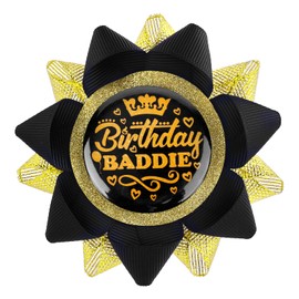 Birthday Baddie Badge Brooch, Tinplate Ribbon Happy Birthday Button Pin Creative Black and Gold Button Badge Pin for Teenagers Girls Boys Women Men