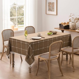 ZeeMart Boho Grid Table Cloth with Tassels (Caramel, 52" x 52"), Heavy Weight Linen Checked Embroidered Farmhouse Tablecloth, Water Resistant Square Brown Tablecloths