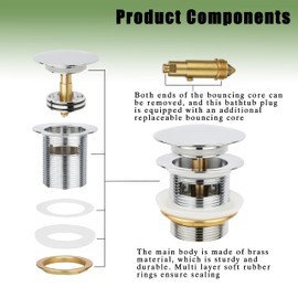 Freestanding Tub Drain (Brass), Pop-Up Bathtub Drain Kit, Detachable Drain Cover That Can Be Filtered, Easy to Clean, Suitable for Freestanding Bathtub Drain Kit, with Replaceable Pop-Up Bolt (Chrome)
