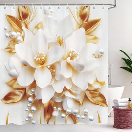 Raoycla Luxury White and Gold Floral Shower Curtain Elegante Boho Fabric Modern Minimalist Hotel Bathroom Curtain Decor with 12 Hooks, 72Wx72H Simple Chic Bathtub Curtains