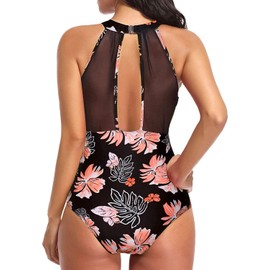 Tempt Me - Traje de baño de una pieza para mujer, cuello alto, fruncido, control de abdomen, Hoja naranja impresa -a, M