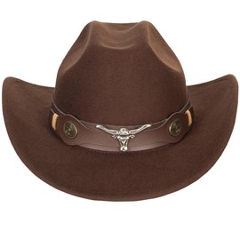 UTOWO Women Men Felt Western Cowboy Hat Classic Roll Up Brim Belt Buckle Cowgirl Fedora with Metal Bull Head