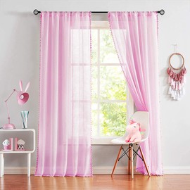 Pom-Pom Sheer Curtains for Bedroom 84 inches Linen Textured Look Pink Sheer Window Draperies for Girl's Room, 52" w x 2 Panels, Red, Rod Pocket
