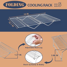 5-Tier Cooling Rack, E-far 15”x10.1" Stainless Steel Stackable Wire Cooling Rack for Baking Cooking, Folding Leg & Non-toxic, Oven Safe & Dishwasher Safe