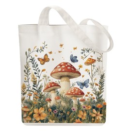 ANATTASOUL Canvas Tote Bag Mushroom Woodland Reusable Cotton Bag for Women, Durable Folding Cloth Shoulder Bags with Zip Pockets for Shopping, Vacation, Work, Gym