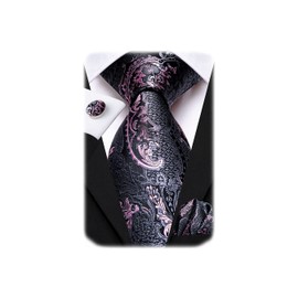 Hi-Tie Silk Paisley Ties for Men Necktie Pocket Square Cufflinks Set Foral Tie Sets Formal Business,Black Pink