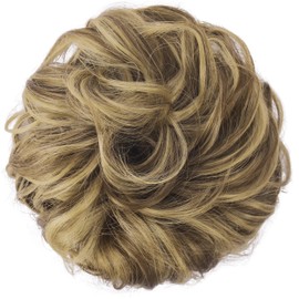 FESHFEN Messy Bun Hair Piece - 1 PCS Elastic Wavy Curly Hair Bun Scrunchies Extensions Synthetic Chignon Hairpieces for Women, Ash Brown & Blonde 1.5 oz
