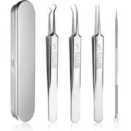 Set of 4 pimple tweezers, blackhead remover, comedone squeezer, stainless steel blackhead remover set, with metal housing, for removal of blackheads on nose and face, unisex