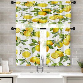 Tayney Lemon Fruits Kitchen Curtains Summer Window Curtains Valance and Tier Set of 3, Tropical Flower Leaves Short Tier Curtain, Fruit Background Small Kitchen Decor 52" x 24"