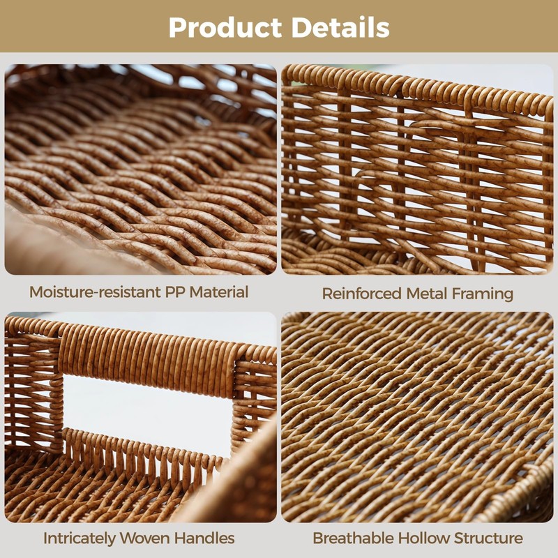 2 Pack Faux Rattan Serving Trays with Handles, Brown Plastic