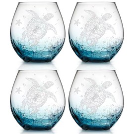 Sea Turtle Stemless Wine Glasses - Turtle wine glasses set of 4, Crackle teal design, distinctive sea turtle gifts for women/Sea turtle lovers on Birthday,Thanksgiving,Christmas,13.5OZ (White)
