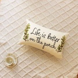 Ogiselestyle Spring Throw Pillow Cover, 12 x 20 Inch Life is Better on The Porch Quote Farmhouse Cushion Case Decoration for Sofa Couch