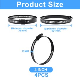 Litoexpe 4 Inch Stainless Steel Worm Gear Hose Clamp 4 Pcs, Adjustable 78-101mm Size Range, Fuel Line Clamp for Plumbing Automotive and Mechanical Application (Black)