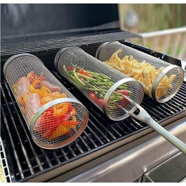 Grill Basket 2 PCS, BBQ Rolling Grilling Accessories With Oil Spray Bottle, Multipurpose Stainless Steel Vegetable Slices Basket, Portable Outdoor Camping Barbecue Rack for Veggies, Fries, Fish, Meat