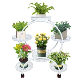 Plant Stand, 4 Tier Metal Plant Display Rack Heavy Duty Garden Container Round Supports Rack 6 Flower Potted Holder with 4 Wheels for Indoor Outdoor Patio Corner Balcony (4 Tier Round - White)