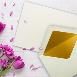 25 sets - folding cards DIN A5 - natural white (white) with envelopes DIN C5 with gold metallic lining - 14.8 x 21 cm